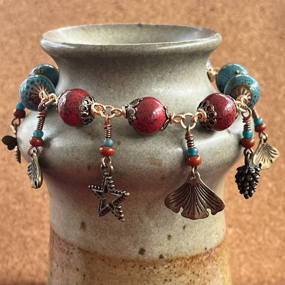 Boho Bracelet, Ceramic Beads, Nature Charms, Handmade Whimsical Jewelry - Picture 2 of 10